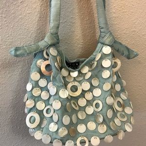 Silk blue shell purse bag tote vintage handmade
